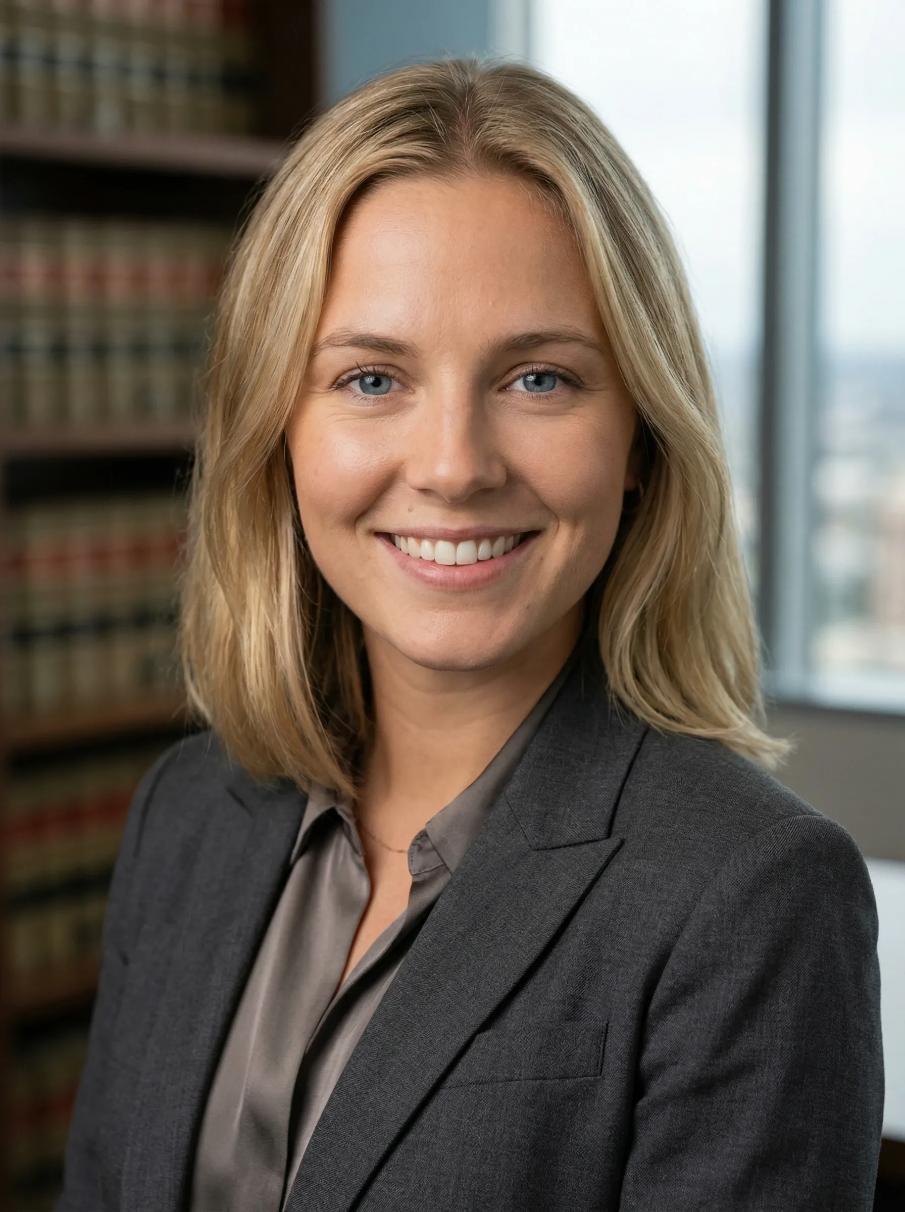 AI lawyer headshot — woman in a charcoal blazer and gray blouse in a law office